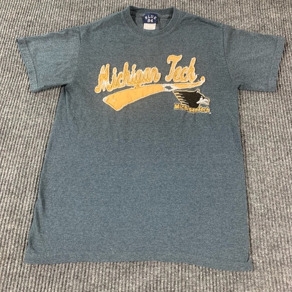 VTG Blue 84 Michigan Tech Huskies T Shirt Mens Small Blue Y2K Spell Out Textured - Picture 1 of 11